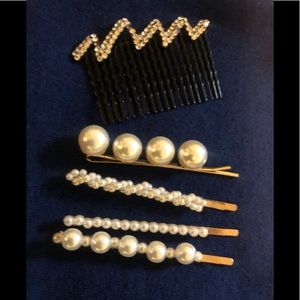 Like New Pearl Hair Clips & Rhinestone Comb